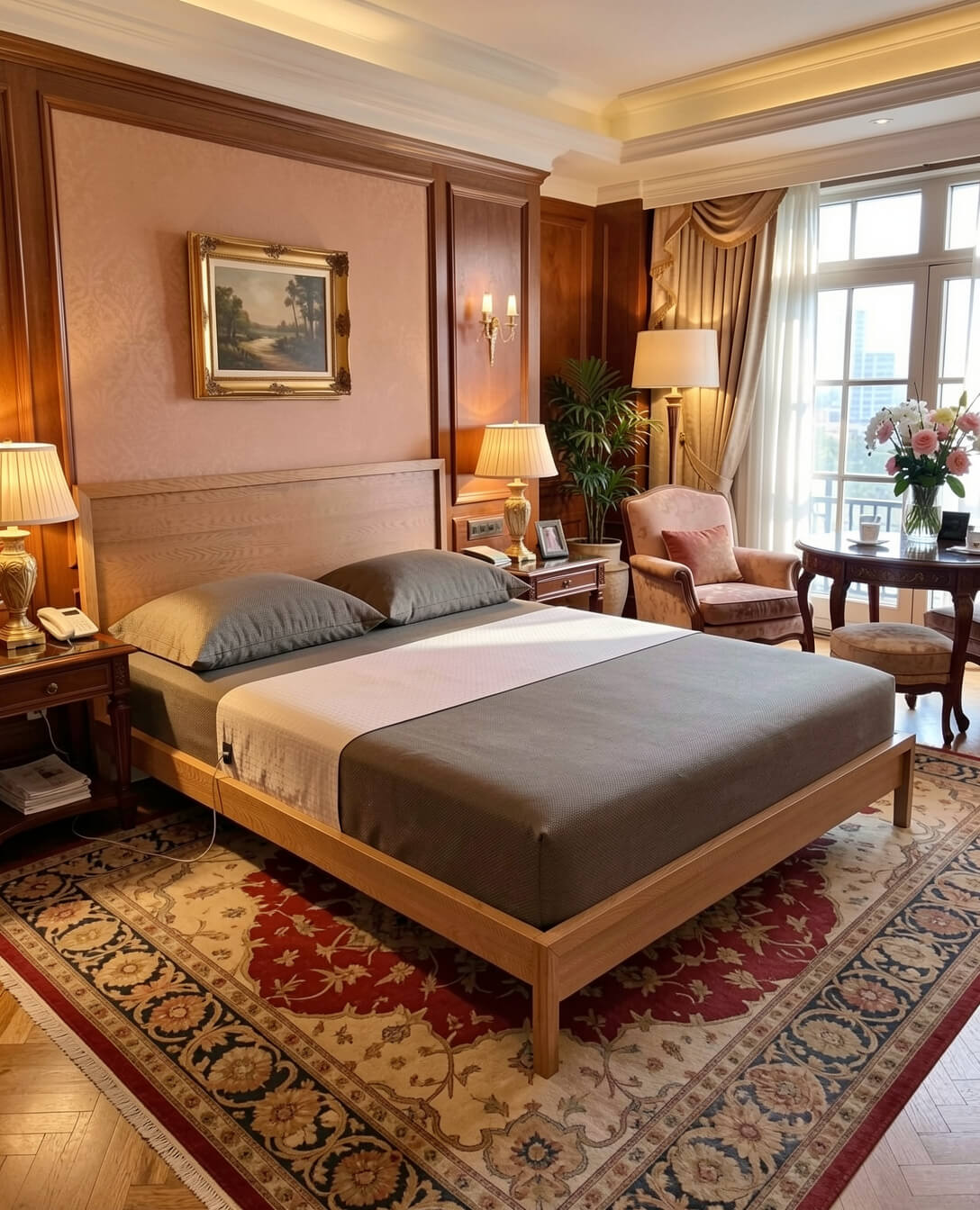 Luxury hotel room with white bed linens