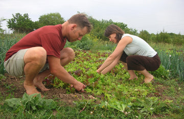 photo of people gardening barefoot grounded to the earth